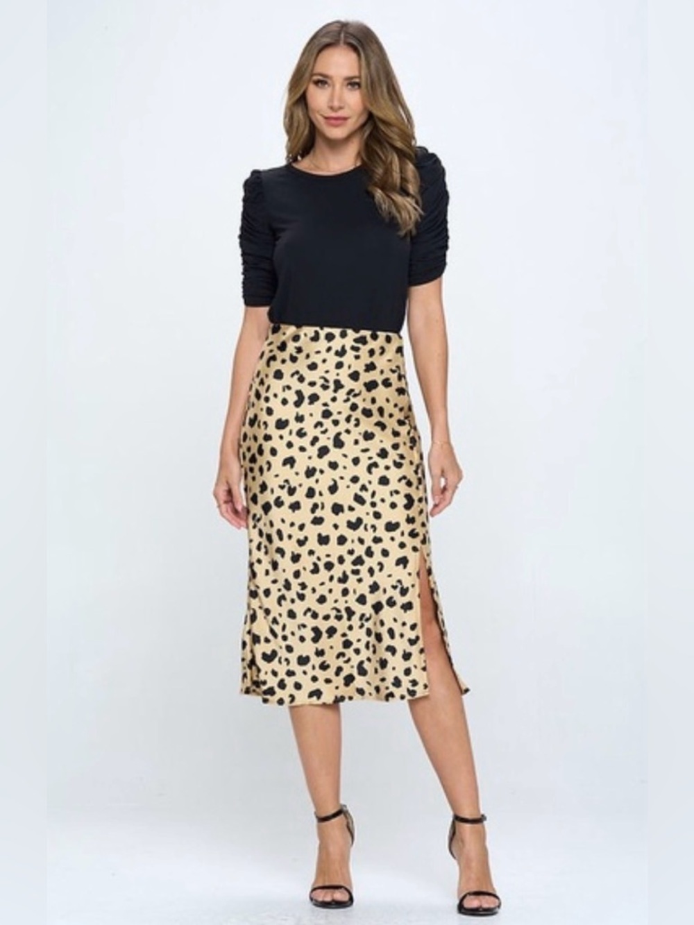 Reneec. Leopard Print Satin Midi Skirt - Beige/Black